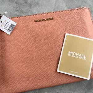 NWT Michael Kors Jet Set Travel XL Zip Clutch Wristlet Peach Pebble Leather
